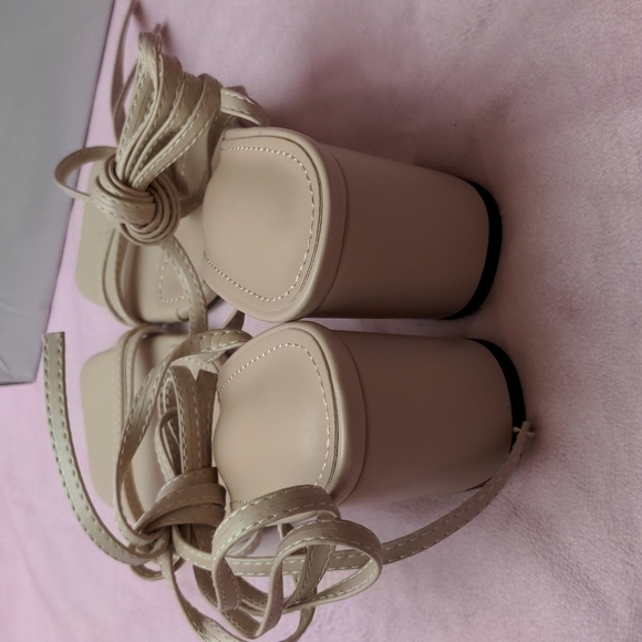 Neutral Square Toe Strappy Tie Platform Heeled Sandals size EU 36 - Picture 3 of 6
